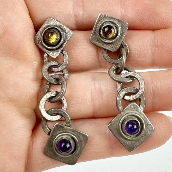 Vintage SCB Earrings 925 Sterling Silver Real Amethyst Purple Yellow Stone Chain - Picture 1 of 13